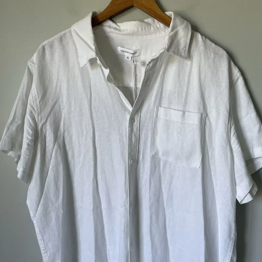 Vintage Summer Linen Blend Button Down Shirt Top Short Sleeves White Men's XL
